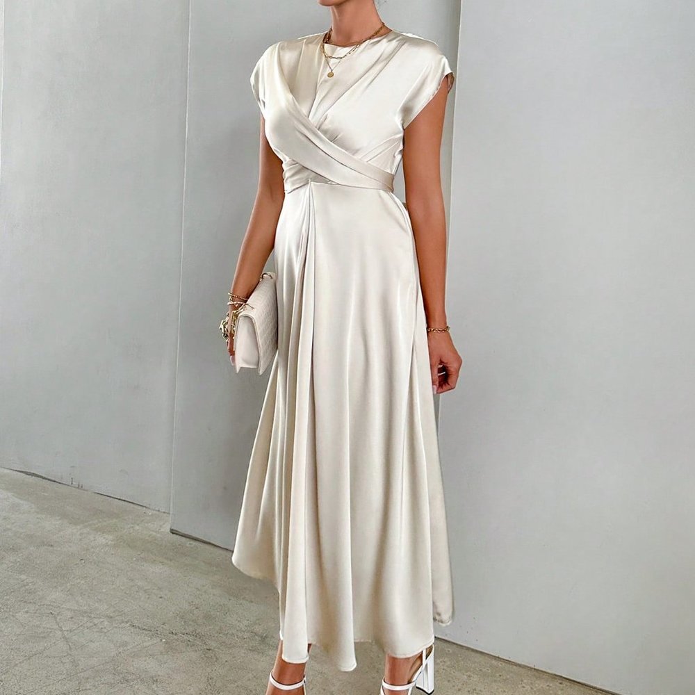 Apricot Casual Womens Solid Criss Cross Front Satin A-line Dress - Picture 5 of 5